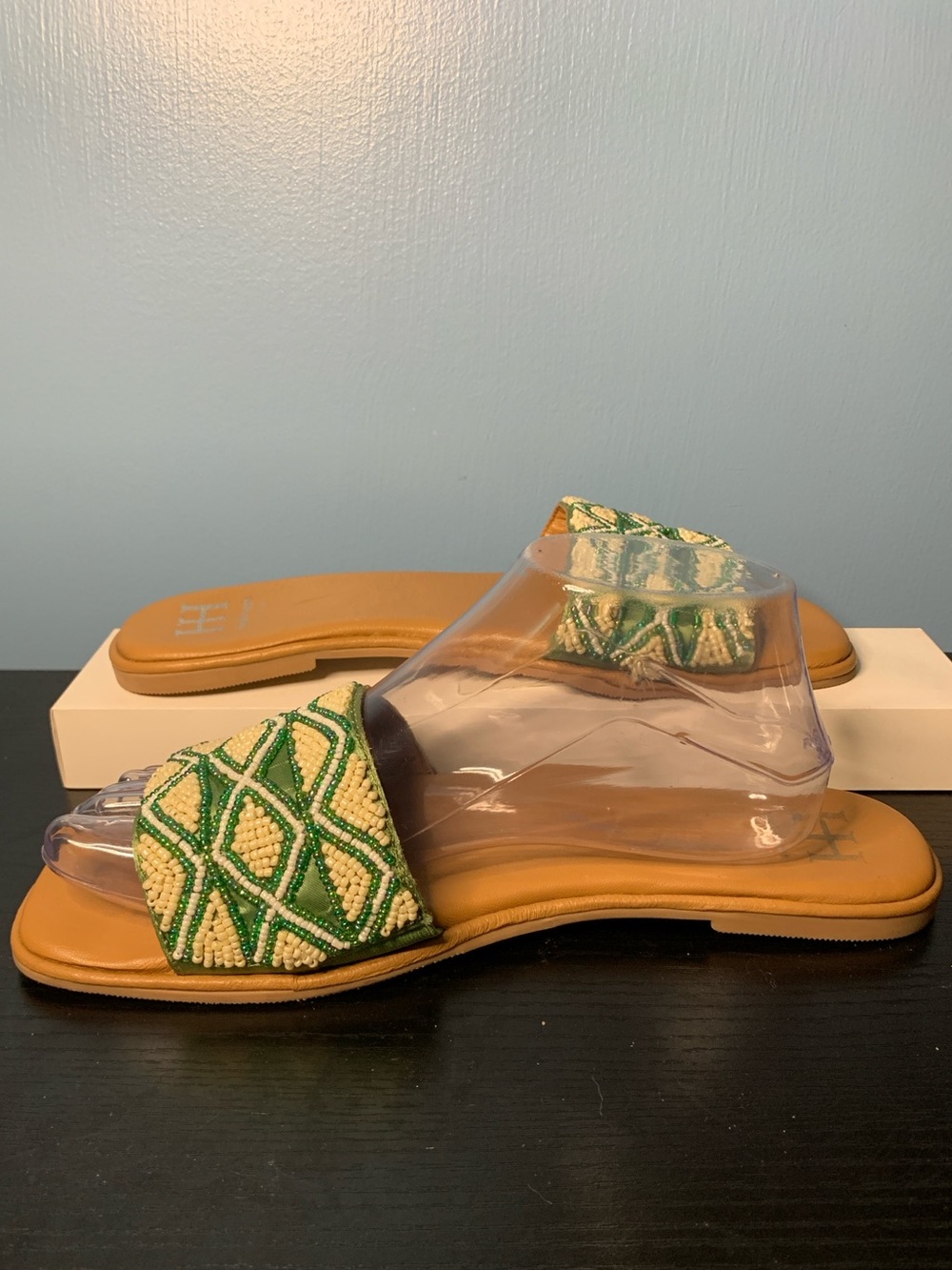Haute Hippie Green and Cream Beaded Slide Mules